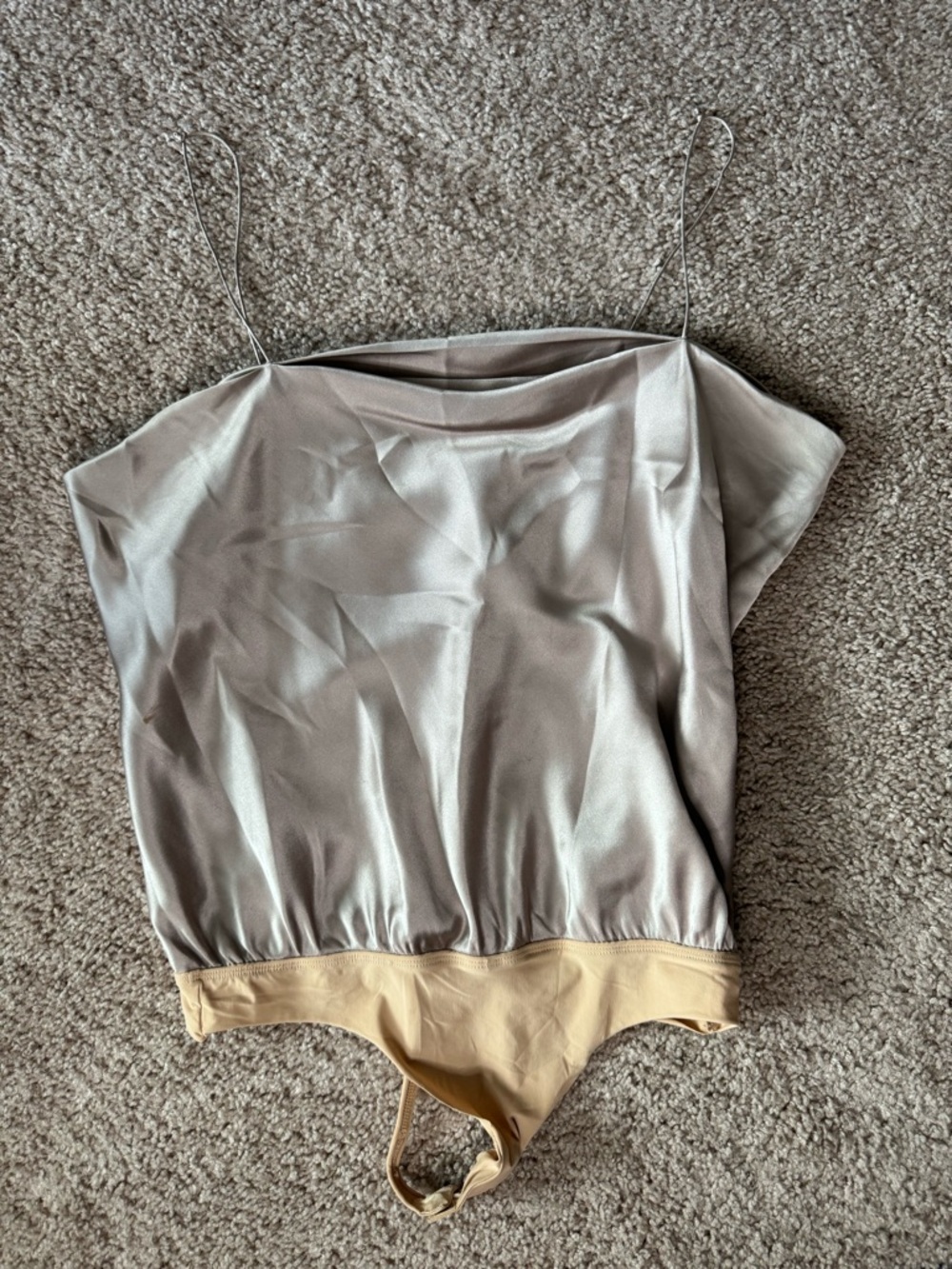 ALIX Silver Satin Cowl Neck Spaghetti Strap Bodysuit with Beige Trim